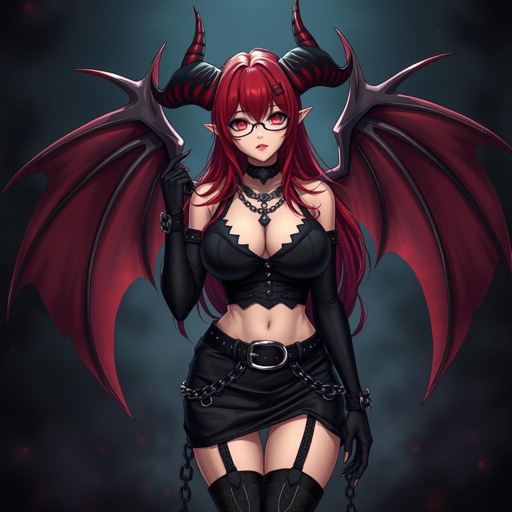 An alluring gothic anime girl with striking features including long red hair, demonic wings, and prominent horns