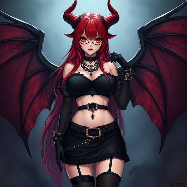 An alluring gothic anime girl with striking features including long red hair, demonic wings, and prominent horns