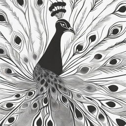 A distinct black and white image, created with a sharpie marker, showcases a peacock in a unique style