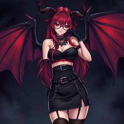 An enticing gothic anime girl posed seductively, showcasing her alluring features including long red hair, demonic wings, and prominent horns