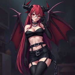 An enticing gothic anime girl posed seductively, showcasing her alluring features including long red hair, demonic wings, and prominent horns