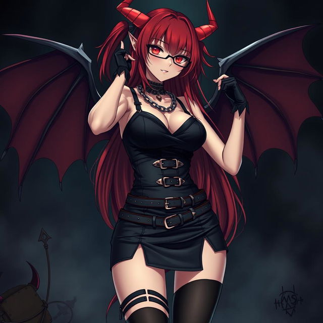 An enticing gothic anime girl posed seductively, showcasing her alluring features including long red hair, demonic wings, and prominent horns