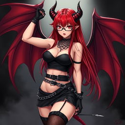 An enticing gothic anime girl posed seductively, showcasing her alluring features including long red hair, demonic wings, and prominent horns