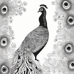 A distinct black and white image, created with a sharpie marker, showcases a peacock in a unique style