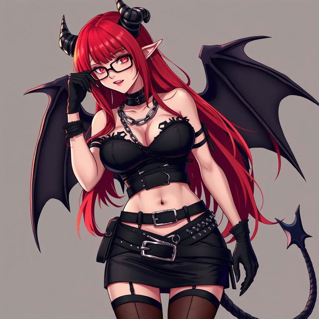 A seductive demon girl in a gothic anime style, featuring striking long red hair and prominently large breasts