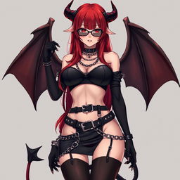 A seductive demon girl in a gothic anime style, featuring striking long red hair and prominently large breasts