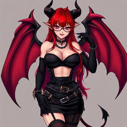 A seductive demon girl in a gothic anime style, featuring striking long red hair and prominently large breasts