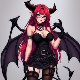 A seductive demon girl in a gothic anime style, featuring striking long red hair and prominently large breasts