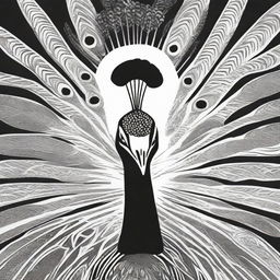 A distinct black and white image, created with a sharpie marker, showcases a peacock in a unique style