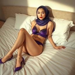 A slender Chinese woman wearing a hijab, styled elegantly, lying on a bed in a relaxed pose