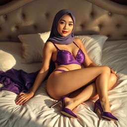A slender Chinese woman wearing a hijab, styled elegantly, lying on a bed in a relaxed pose