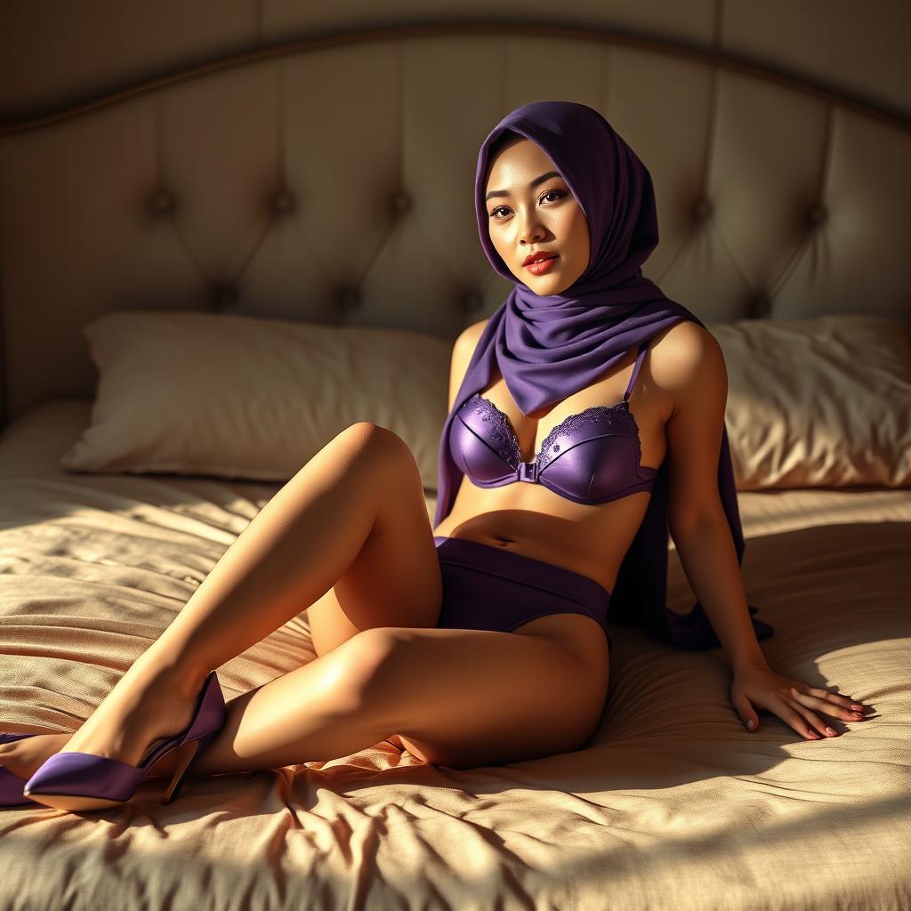 A slender Chinese woman wearing a hijab, styled elegantly, lying on a bed in a relaxed pose