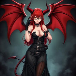 A sexy demon gothic anime girl with impressive demonic wings and prominent horns, showcasing long, flowing red hair and voluptuous figure