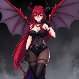 A sexy demon gothic anime girl with impressive demonic wings and prominent horns, showcasing long, flowing red hair and voluptuous figure