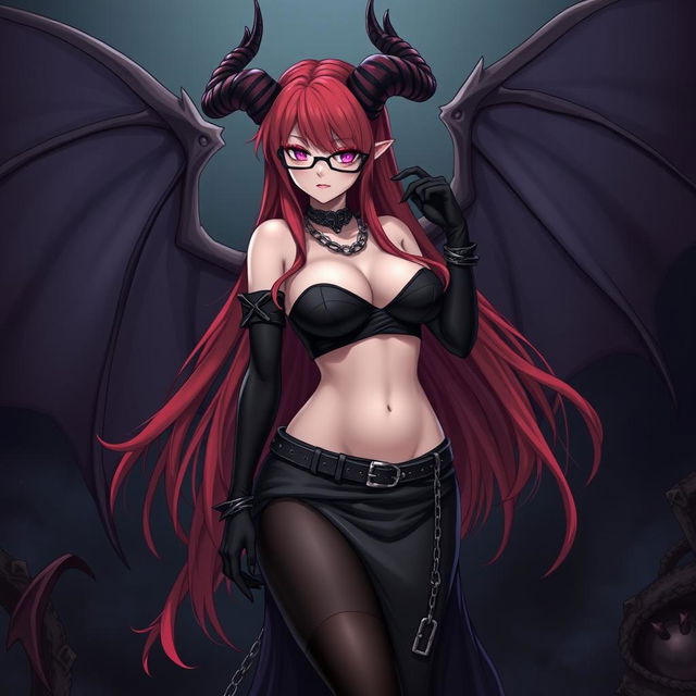 A sexy demon gothic anime girl with impressive demonic wings and prominent horns, showcasing long, flowing red hair and voluptuous figure