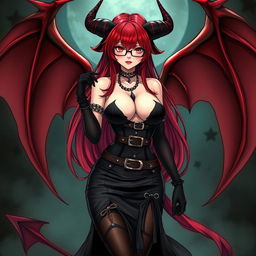 A sexy demon gothic anime girl with impressive demonic wings and prominent horns, showcasing long, flowing red hair and voluptuous figure
