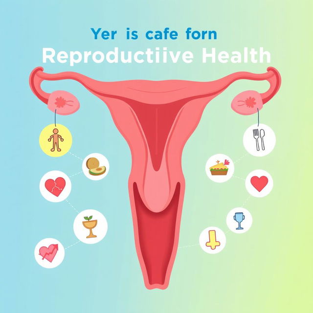 An educational poster design illustrating the importance of protecting reproductive health, featuring a vibrant anatomical illustration of the human reproductive system