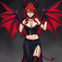 A sexy demon gothic anime girl with demonic wings and horns, featuring long, flowing red hair and large breasts