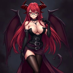 A sexy demon gothic anime girl with demonic wings and horns, featuring long, flowing red hair and large breasts