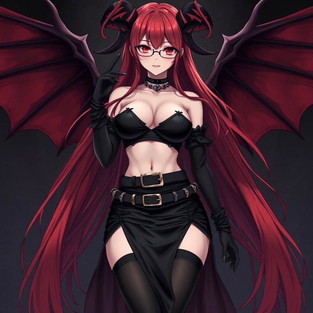 A sexy demon gothic anime girl with demonic wings and horns, featuring long, flowing red hair and large breasts