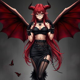 A sexy demon gothic anime girl with demonic wings and horns, featuring long, flowing red hair and large breasts