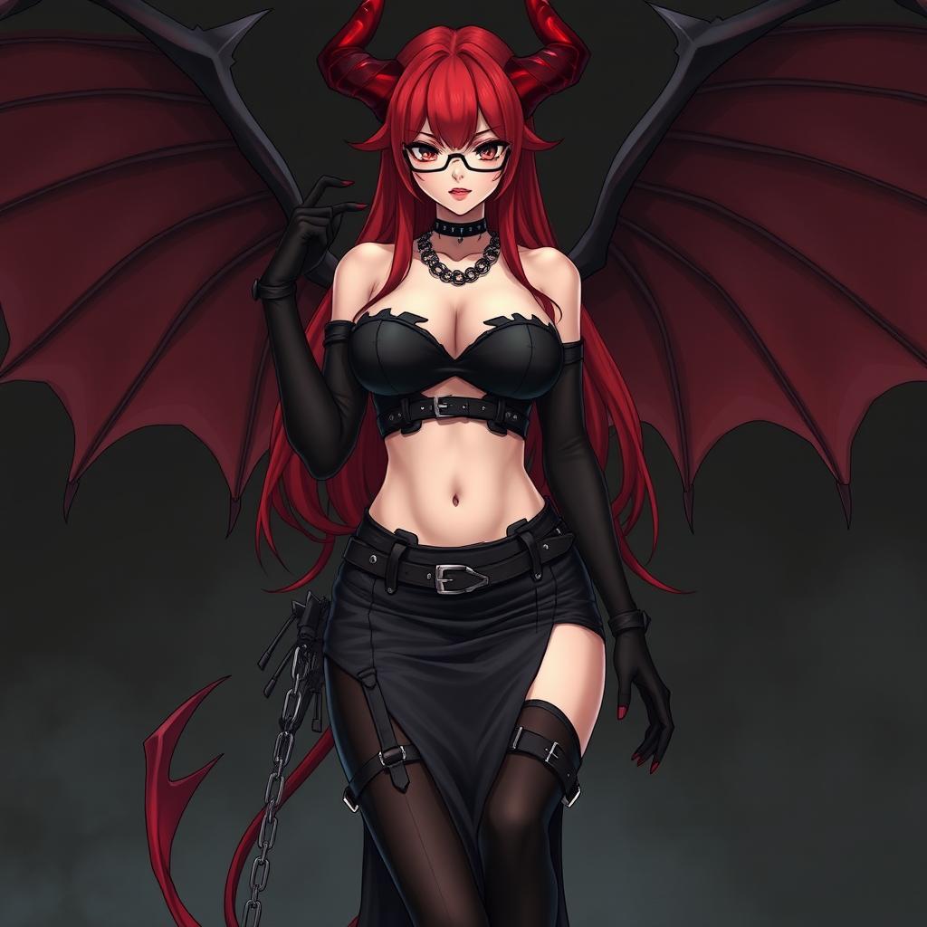 A sexy demon gothic anime girl with demonic wings and horns, showcasing long, luscious red hair and voluptuous curves