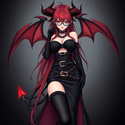A sexy demon gothic anime girl with demonic wings and horns, showcasing long, luscious red hair and voluptuous curves