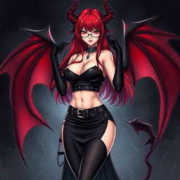 A sexy demon gothic anime girl with demonic wings and horns, showcasing long, luscious red hair and voluptuous curves
