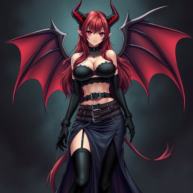 A sexy demon gothic anime girl with demonic wings and horns, showcasing long, luscious red hair and voluptuous curves