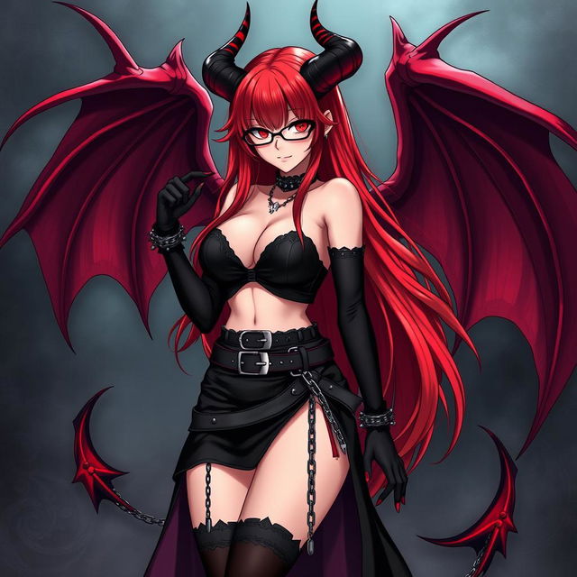 A sexy demon gothic anime girl with demonic wings and horns, featuring long, radiant red hair and voluptuous breasts