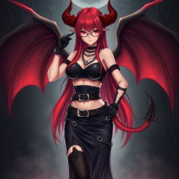 A sexy demon gothic anime girl with demonic wings and horns, featuring long, radiant red hair and voluptuous breasts