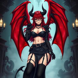 A sexy demon gothic anime girl with demonic wings and horns, featuring long, radiant red hair and voluptuous breasts