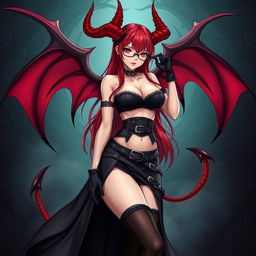 A sexy demon gothic anime girl with demonic wings and horns, featuring long, radiant red hair and voluptuous breasts