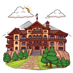 A cartoon sticker design of Quaid-e-Azam Residency in Ziarat, Pakistan, celebrating its historical significance