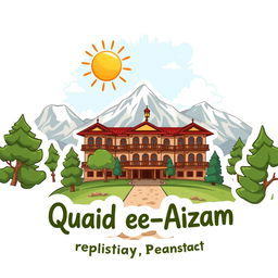 A cartoon sticker design of Quaid-e-Azam Residency in Ziarat, Pakistan, celebrating its historical significance