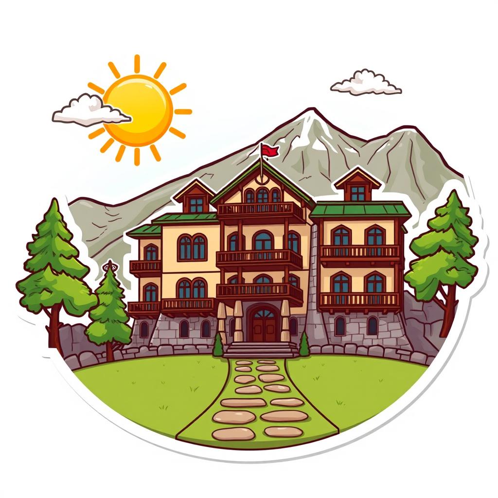 A cartoon sticker design of Quaid-e-Azam Residency in Ziarat, Pakistan, celebrating its historical significance