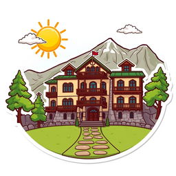 A cartoon sticker design of Quaid-e-Azam Residency in Ziarat, Pakistan, celebrating its historical significance