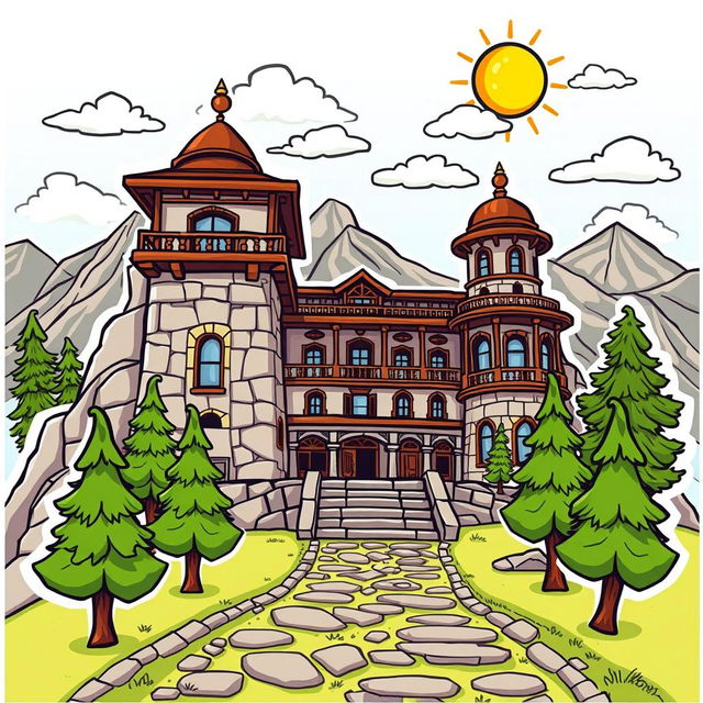 A cartoon sticker design of Quaid-e-Azam Residency in Ziarat, Pakistan, celebrating its historical significance