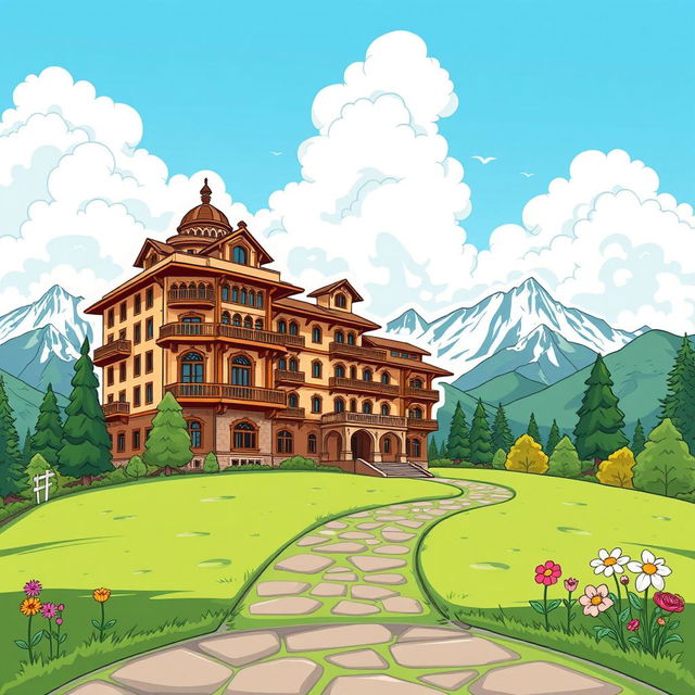 A cartoon sticker design of Quaid-e-Azam Residency in Ziarat, Pakistan, showcasing its distinct architecture