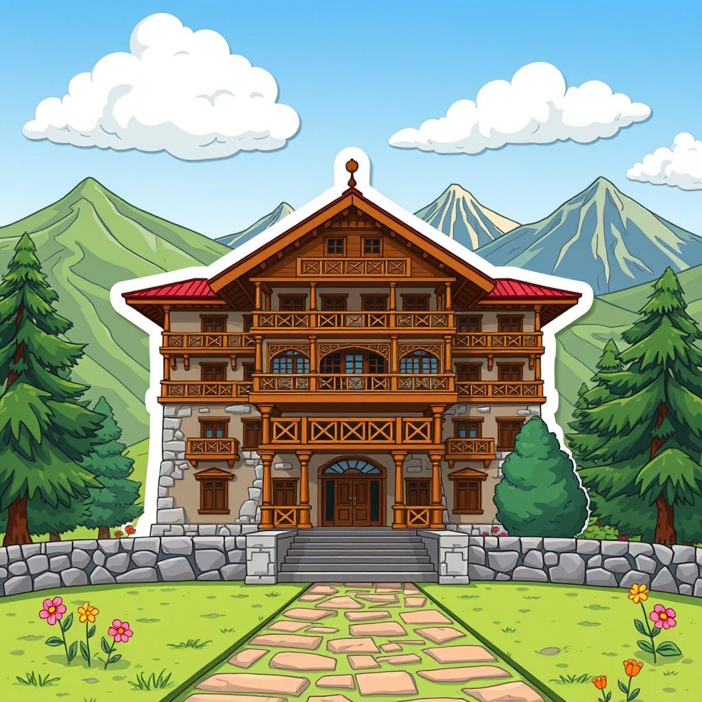 A cartoon sticker design of Quaid-e-Azam Residency in Ziarat, Pakistan, showcasing its distinct architecture