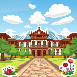 A cartoon sticker design of Quaid-e-Azam Residency in Ziarat, Pakistan, showcasing its distinct architecture