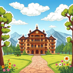 A cartoon sticker design of Quaid-e-Azam Residency in Ziarat, Pakistan, showcasing its distinct architecture