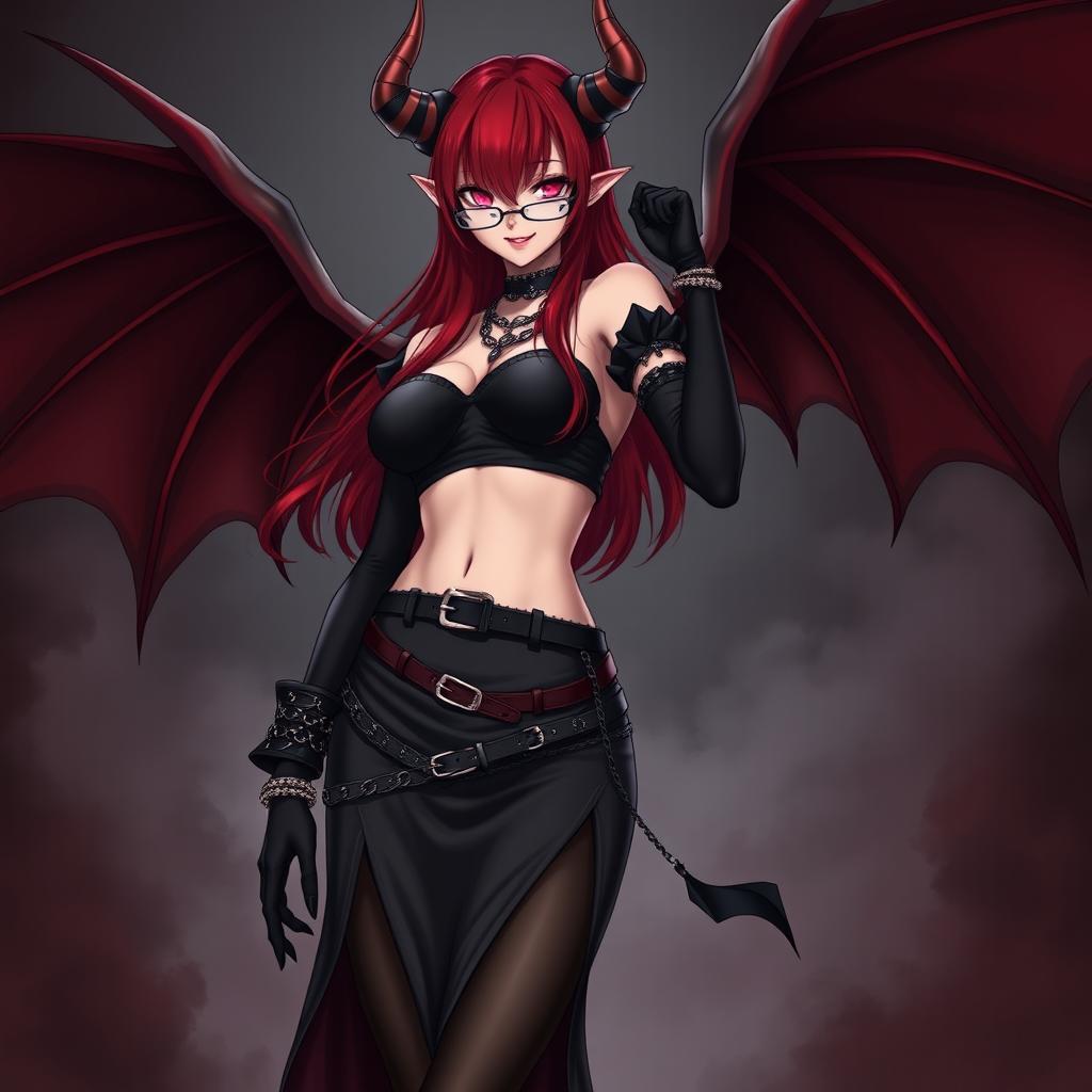 A sexy demon gothic anime girl with striking demonic wings and prominent horns, featuring long, flowing red hair and voluptuous breasts