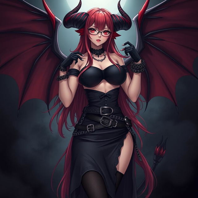 A sexy demon gothic anime girl with striking demonic wings and prominent horns, featuring long, flowing red hair and voluptuous breasts