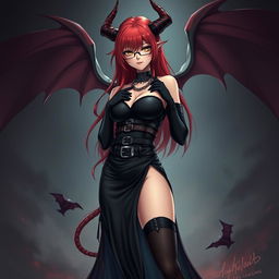 A sexy demon gothic anime girl with striking demonic wings and prominent horns, featuring long, flowing red hair and voluptuous breasts