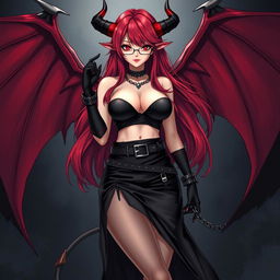 A sexy demon gothic anime girl with striking demonic wings and prominent horns, featuring long, flowing red hair and voluptuous breasts