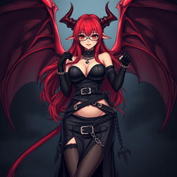 A sexy demon gothic anime girl with striking demonic wings and elaborate horns, featuring long, flowing red hair and voluptuous breasts