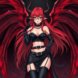 A sexy demon gothic anime girl with striking demonic wings and elaborate horns, featuring long, flowing red hair and voluptuous breasts