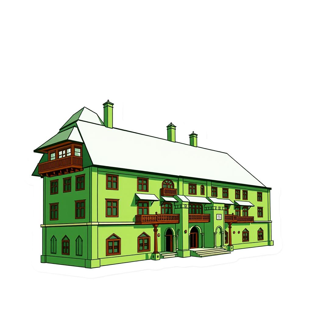 A cartoon sticker design of Quaid-e-Azam Residency in Ziarat, Pakistan, predominantly in green color, illustrating its unique architectural features such as the wooden balconies and distinct structure