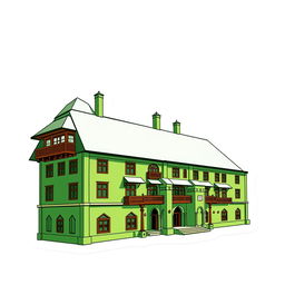 A cartoon sticker design of Quaid-e-Azam Residency in Ziarat, Pakistan, predominantly in green color, illustrating its unique architectural features such as the wooden balconies and distinct structure